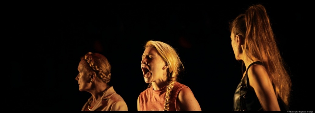 Les Serpents de Marie Ndiaye. mise en scène de Jacques Vincey. avec Hélène Alexandridis, Bénédicte Cerutti, Tiphaine Raffier. Théâtre Olympia. © Christophe Raynaud de Lage