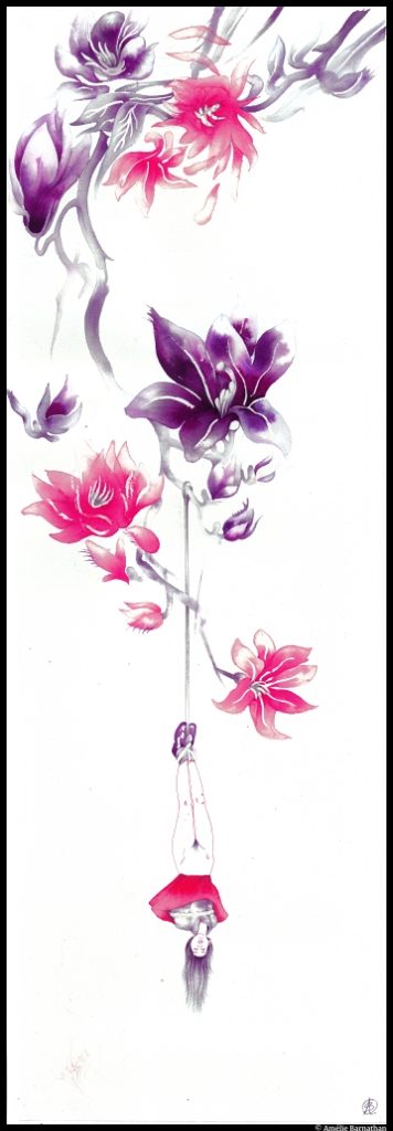 Pink Dew, 2020, encre, feutre et aquarelle sur papier, 86x39cm. Jeunes Pousses© Amélie Barnathan.